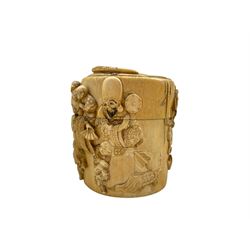 19th century Japanese carved ivory cylindrical box and cover decorated with figures and birds, signed H9cm