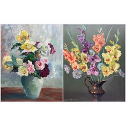 A G McManus (British 20th Century): Still Life of Flowers in Jug, oil on board signed 53cm x 43cm; P A Starkey (British 20th Century): Bouquet of Roses, oil on board signed 46cm x 37cm (2)