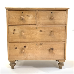  Victorian pine chest fitted with two short and two long drawers, with turned pull handles, raised on turned supports, W92cm, H91cm, D51cm  