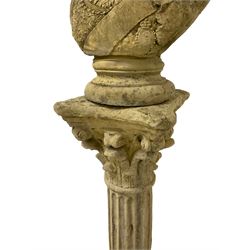 Cast stone garden bust in the form of Queen Victoria, on a fluted Greek column pedestal with a composite capital and stepped plinth base