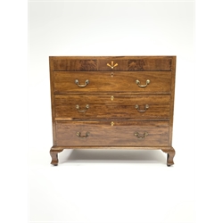 Early 19th century mahogany chest, figured frieze with inlay, three long drawers, raised on ogee bracket feet, W91cm, H83cm, D45cm