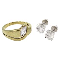 Pair of white gold white sapphire stud earrings and a 9ct gold marquise cut cubic zirconia ring