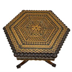 Victorian Scottish walnut hexagonal work table, probably Ayrshire, decorated with Louis cube and geometric inlays, hinged top with thumb moulded edge and fitted interior, base carved with thistles and on three out splayed cabriole legs
