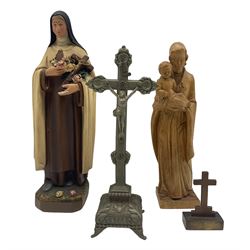 Vintage painted plaster model of Saint Therese of Lisieux, H31cm, Continental carved model of the Virgin Mary, Crucifix etc (4)