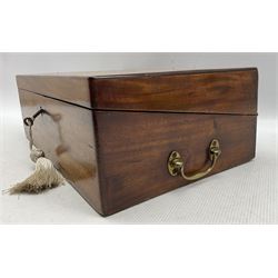 19th century mahogany table  writing box with green leather interior, side drawer and brass handles L40cm