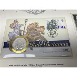 Queen Elizabeth II 1999 one ounce fine silver Britannia coin housed in a 'Rule Britannia' cover and a miniature gold coin housed in a 'Lady of the Century Her Majesty Queen Mother' cover