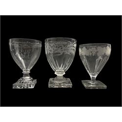 Early 19th century glass rummer etched with a monogram on a lemon squeezer foot, another etched with vines on a square foot and another with etched decoration (3)