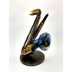 Yves Lohe (French b1947) Glass and bronze sculpture 'Grande Saxophonie' on a circular plinth, signed H37cm 