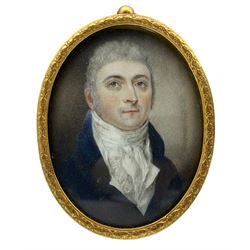 19th century oval portrait miniature, watercolour on ivory of a gentleman wearing a blue coat and white stock 7cm x 5cm. This item has been registered for sale under Section 10 of the APHA Ivory Act