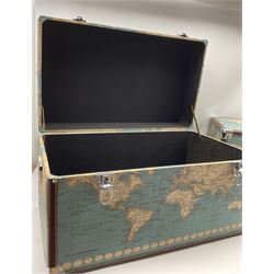 Set three vintage style trunks with world map design in graduating sizes max 67cm x 36cm x 40cm (3)