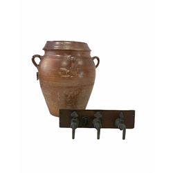 Large salt glazed terracotta pot with lid, (H60cm) and a set of three beer taps on an oak mount (W53cm)
