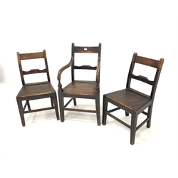 Set of three (1+2) oak country chairs, with rail backs, panelled seat, raised on square tapered supports 