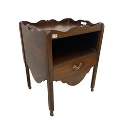 George III mahogany tray top night-cabinet commode, raised gallery with pierced handles, open recessed shelf over sliding drawer with shaped apron, on square supports and castors