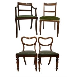 Pair 19th century balloon back dining chairs; 19th century mahogany elbow chair, and one other (4)