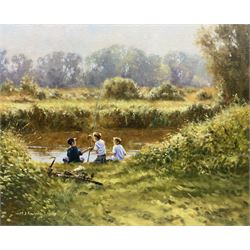 Michael John Fowler (British 1957-): 'Summer Reflections' Children Fishing on the River Bank, oil on canvas signed, labelled verso 37cm x 45cm