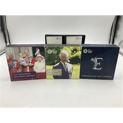 Five The Royal Mint United Kingdom 2018 silver proof piedfort five pound coins, comprising 'The 65th Anniversary of the Coronation of Her Majesty The Queen', 'Four Generations of Royalty', '1918 Representation of the People Act', 'Celebrating the 70th Birthday of HRH The Prince of Wales' and 'The Royal Wedding', all cased with certificates (5)