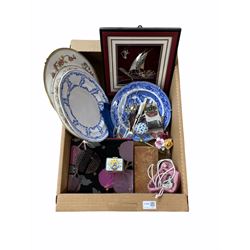 19th century Davenport plate, pair of 19th century Willow pattern plates, white metal nurses belt buckle, framed model of a boat stamped silver and miscellanea in one box