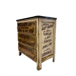 Painted pine chest, metal top over three drawers, with painted advertising lettering 