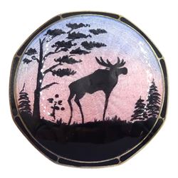 Norwegian silver and guilloche enamel brooch by Askel Holmsen, depicting a moose and trees silhouetted against a blue pink guilloche enamel sky, stamped 925S 