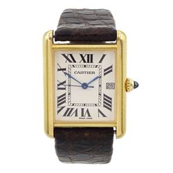 Cartier gentleman's 18ct gold quartz wristwatch, Ref. 2241, case No. 361521MG, silvered dial with Roman numerals and secret signature at 7 and date aperture, cabochon sapphire crown, stamped 18K and hallmarked, on brown leather strap, boxed