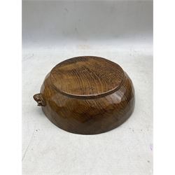 'Mouseman' adzed oak bowl with carved mouse signature, by Robert Thompson of Kilburn, D21.5cm