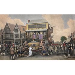 English School (19th century): 17th Century Scene Depicting Roundheads Escorting Coach past White Hart Pub, watercolour unsigned 46cm x 74cm 