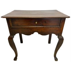 18th century oak lowboy, the moulded top with shaped front corners over frieze drawer with applied mouldings, shaped apron and side rails, on angular cabriole front supports