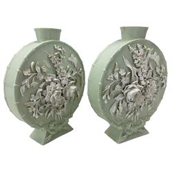 Pair of 19th century Paris porcelain moonflasks, the pale celadon ground decorated with floral encrusted flowers, within bamboo moulded borders, H20cm Provenance: From the Estate of the late Dowager Lady St Oswald