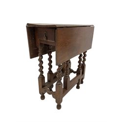 19th century elm gate leg table, the drop leaf top and one frieze drawer, over gate leg action, raised on spiral turned square supports 