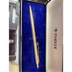 Parker ballpoint with 12ct thrust device, 25 Flighter Roller Ball pen, Prince and Princess of Wales 1981commemorative Parker ballpoint pen together with others all boxed (9)