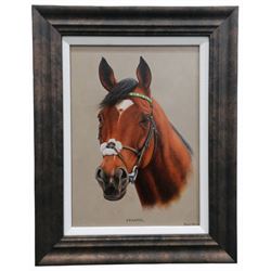 Stuart Herod (British 1961-): 'Frankel', head portrait of racing horse, oil on board signed, inscribed 2013 verso 29cm x 21cm
