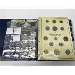 Queen Elizabeth II United Kingdom fifty pence, two pound and five pound commemorative coins mostly housed on Change Checker cards, various old round one pound coins, Isle of Man and Bailiwick of Guernsey commemorative fifty pence pieces commemorating Royal events etc, in three ring binder folders