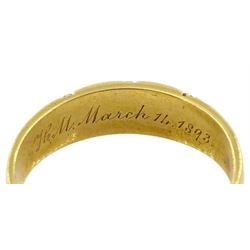 Victorian 18ct gold mourning ring, three split pearls and black enamel decoration, the inner shank inscribed 'H.M. March 14. 1893', stamped and boxed