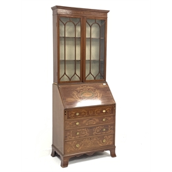 Edwardian mahogany bureau bookcase, the upper section enclosed by a pair of glazed tracery doors, with boxwood and ebony stringing, hinged fall under inlaid with a shell and trailing garlands, the interior with small drawer, pigeon holes and cupboard inlaid with a crest, four long graduated drawers under, with further floral inlay, on splay supports, W78cm, H201cm, D42cm