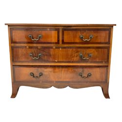 Georgian design mahogany chest, raised back over rectangular cross-banded top, fitted with two short and two long drawers, shaped apron and splayed bracket feet