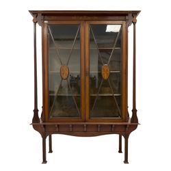 Art Nouveau inlaid mahogany display cabinet, the projecting cornice supported by chamfered pillisters with tulip capitals, fitted with two astragal glazed doors, their mouldings connected by oval panels with tulip inlay, enclosing three shelves, raised on fluted supports