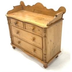 Victorian style solid pine chest, shaped raised back, fitted with two short and two long drawers enclosed by half round turned pilasters, raised on turned supports, W108cm, H100cm, D51cm