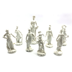 Set of seven Naples Blanc de Chine figures depicting classical gods and goddesses, together with a 19th century Naples figure of the God of Theatre H22cm