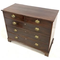 Georgian mahogany chest fitted with two short and three long graduated cock beaded drawers with plate brass pull handles, raised on bracket supports W113cm, H91cm, D53cm