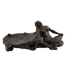 Art Nouveau style patinated bronze pin dish modelled as a Mermaid seated against the shell-shaped bowl, L24cm