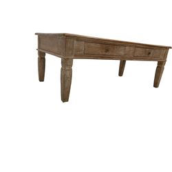 Painted pine coffee table, rectangular top over two drawers, raised on square tapering supports 