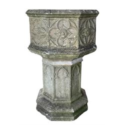 Haddonstone octagonal planter with Gothic decoration and arches 