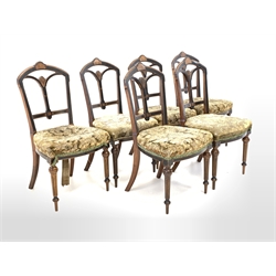 Set six late Victorian walnut and ebonised dining chairs, shaped cresting rail with burr walnut and boxwood marquetry inlaid panel, upholstered shaped seat, raised on turned tapered and fluted supports, each chair stamped 'R Crosby and sons, Liverpool' 
