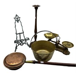 Brass preserve pan, copper warming pan, set of scales, smokers stand and patinated metal easel 