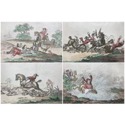 After James Gillray (British 1756-1815): 'Hounds Finding' 'Hounds in Full Cry' 'Hounds Throwing-Off' and 'Coming in at the Death', set four engravings with hand colouring pub. Hannah Humphrey 1800, 23cm x 35cm (4)