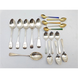 Five Norwegian sterling silver gilt and coloured enamel coffee spoons, six silver trefid end coffee spoons with rat tail bowls Sheffield 1902 Maker Atkin Bros. and six various silver tea spoons 