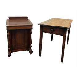 Victorian walnut davenport, the raised back with stationary divisions over sloped top with inset writing surface lifting to reveal plain interior, two turned pilasters enclosing a cupboard with single shelf, raised on castors (W54cm) together with a Georgian oak and elm side table fitted with drawer to one end (W107cm)