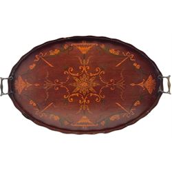 Late Victorian mahogany and marquetry inlaid oval galleried tray with scrolls, flowers, tied bows etc and brass handles W68cm
