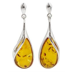 Pair of silver and Baltic amber pendant earrings, stamped 925 