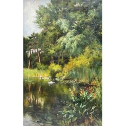 Fanny (Frances) Mary Minns (British 1847-1929): Swans on the Lily Pond, oil on canvas signed and dated 1890, 49cm x 29cm